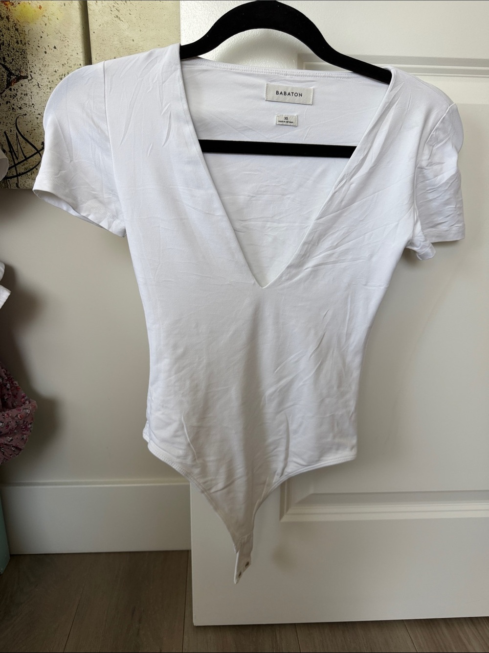 Babaton White Deep V Short Sleeve Bodysuit